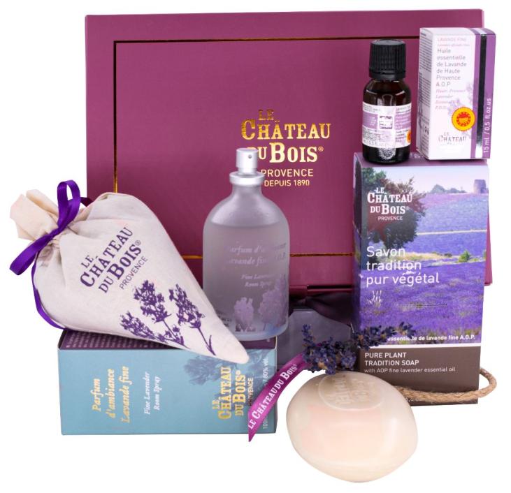 GIFT BOX WITH HAUTE PROVENCE AOP LAVENDER ESSENTIAL OIL TRADITIONAL SOAP ROOM PERFUME AND LAVENDER BAG