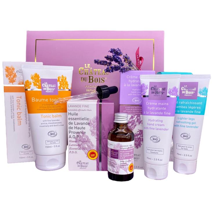 Selection of 3 bestselling products with lavender essential oil from Haute Provence PDO, organic tonic anti-fatigue gel and organic repairing hand cream
